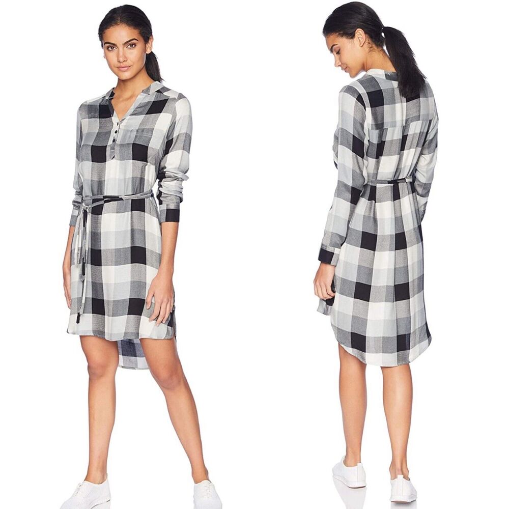 New Mountain Khakis Womans Sz Medium Shirt Dress Pockets Plaid Black‎ White NWT